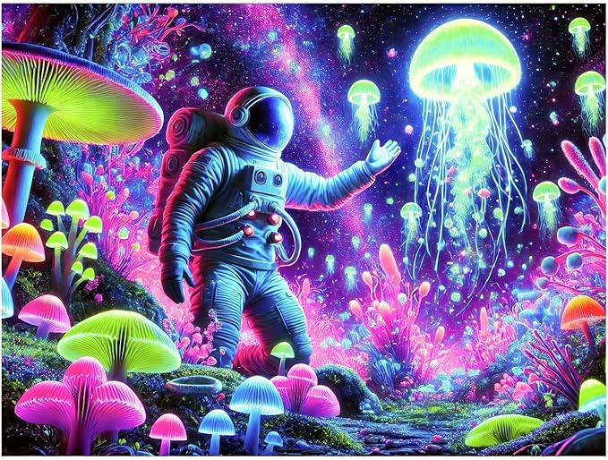 BlissYard Blacklight Astronaut Jellyfish Tapestry Trippy Mushroom Tapestry UV Reactive 59X78 inch Fantasy Plants Wall Tapestry Psychedelic Neon Galaxy Space Tapestry Wall Hanging for Room Boys Poster