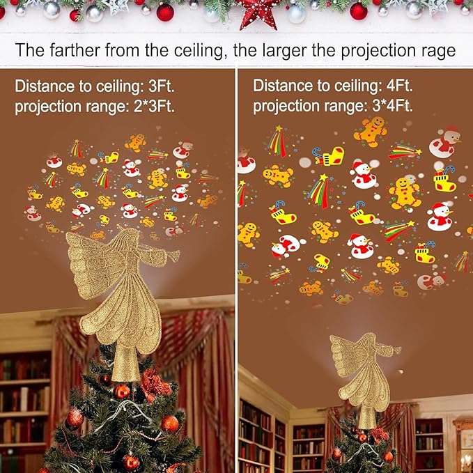 Christmas Angel Tree Topper with 6 Projection Modes, Hollowed Pentagram Tree Top with Gold Spangles Plated Plug in for Indoor Outdoor Christmas Decorations, Gold