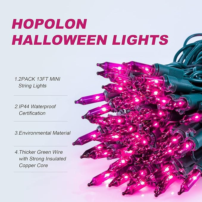 Hopolon Halloween Purple String Lights, 2PACK 50 Mini Fairy Lights Set, Green Wire 13Ft Traditional Halloween Holiday Dรฉcor for Home, Christmas Tree, Bedroom, Patio, Wedding (2pcs Purple)