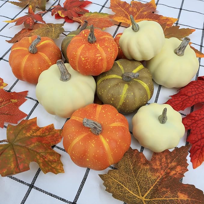 10Pcs Fake Pumpkins Fall Thanksgiving Decorations,Assorted Colors Plastic Pumpkins Home Decor, Artificial Mini Pumpkin for Decorating Autumn Harvest Outdoor Indoor Decor Centerpiece Table Decorations