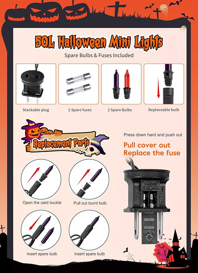 2 Pack Halloween Mini Lights, 13 Feet 50 Count Totally 100 Count Incandescent Mini String Lights, Connectable Halloween Light for Haunted House Party Holiday Window Indoor Decoration, Orange & Purple