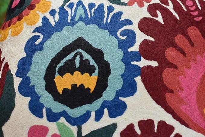 Polish Floral Decorative Pillow Cover Hand Embroidered Cream Flower Pillowcase White Botanical Traditional Outdoor Cushion Suzani Chair Pillowsham Couch Wool 18x18 Inch