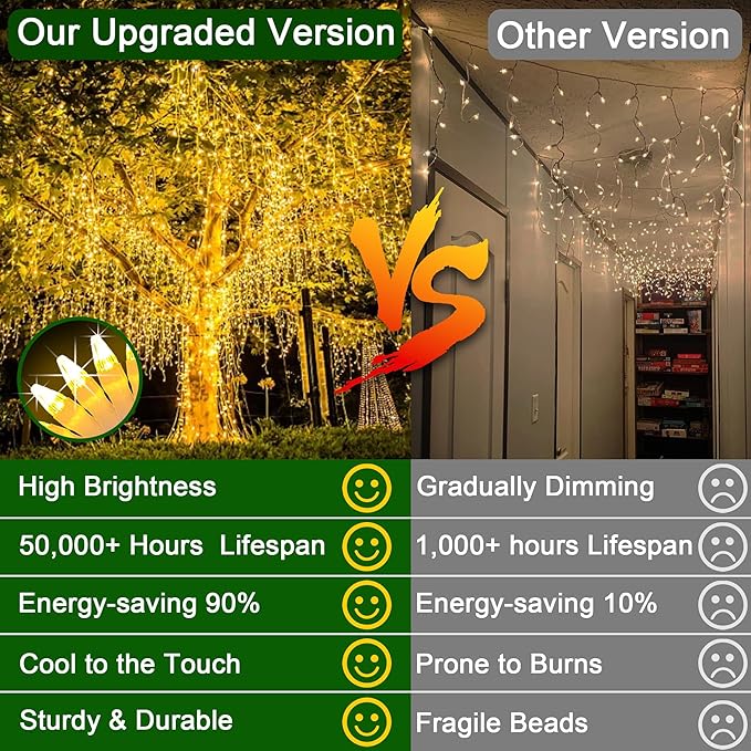 60FT 612 LED Outdoor Christmas Lights - 136 Ice Drops, 12 Pro Modes with Timer Memory & Brightness, Waterproof Hanging Ice String Light for Holiday Wedding Garden Fence House Decor (Warm White)