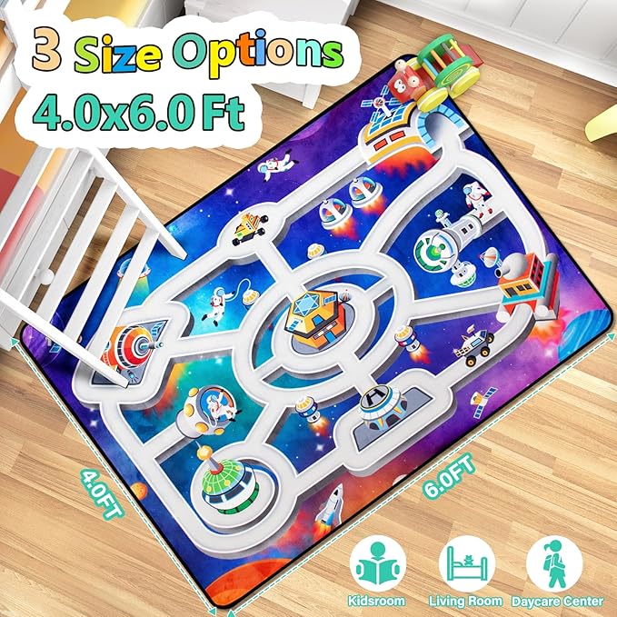 Kids Rug, Space Themed Baby Play Mat, 4x6 Ft Playroom Rug, Colorful Cartoon Outer Space, Planet, Rocket, Spaceship Road Carpet for Playroom, Educational Learning Carpet for Kids Mat