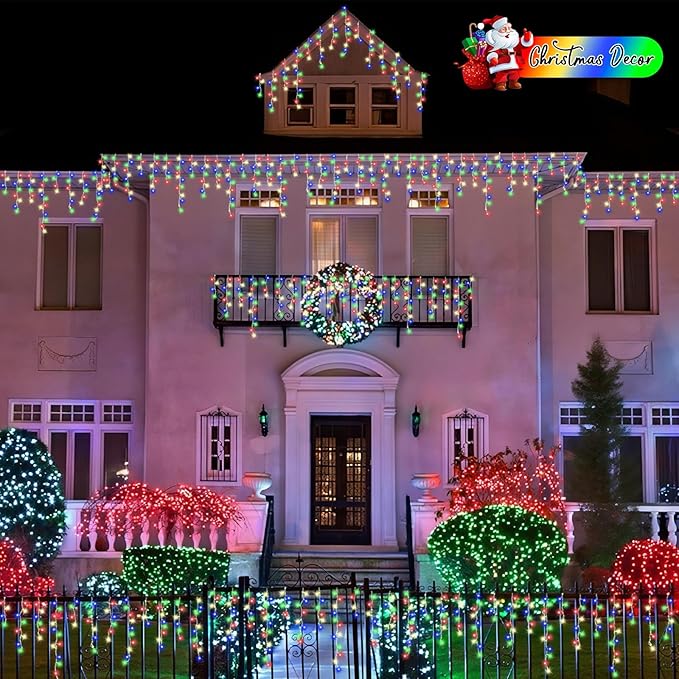 QITONG Multicolor Icicle Christmas Lights Outdoor, 33ft 400 LED Icicle Lights Indoor, Clear Wire Connectable String Lights Plug in with 8 Modes