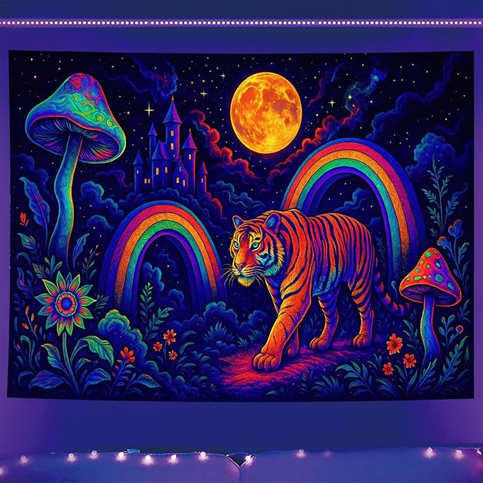 Starlit Patio Psychedelic Tiger Blacklight Tapestry UV Reactive Wall Hanging Rainbow Mushrooms Castle and Moon for Bedroom Dorm Living Room Glowing Jungle Decor Fluorescent Trippy Poster 78 x 59 Inch