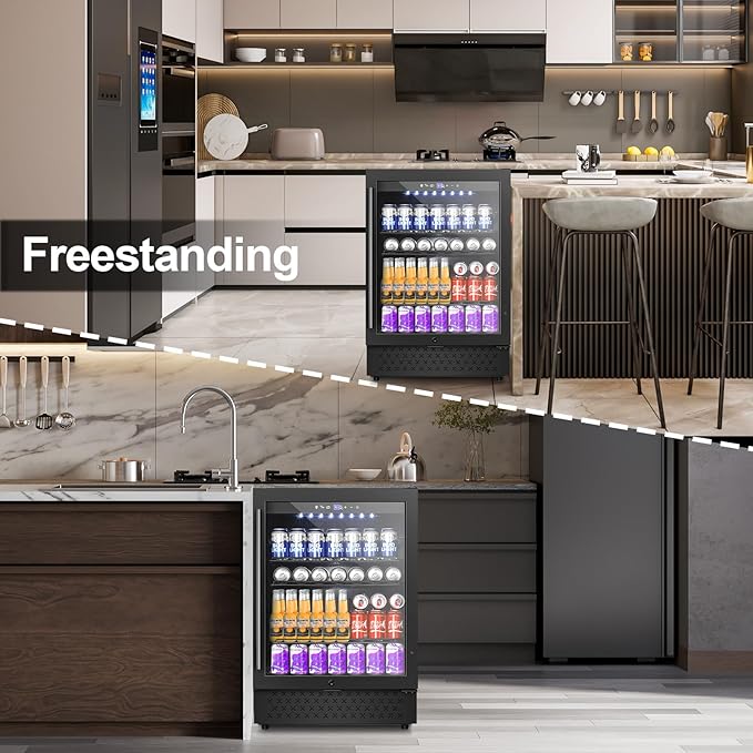24 Inch Beverage Refrigerator, 5.2 Cu. Ft. Drink Refrigerator with Glass Door, 200 Cans Under Counter & Freestanding Drink Fridge, Reversible Door, Built-In Beverage Cooler for Kitchen, Bar or Office.