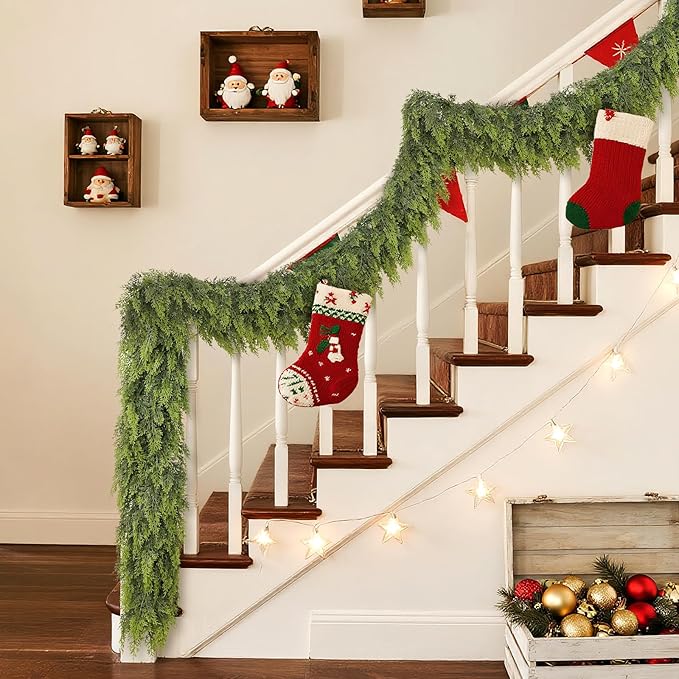 6FT Real Touch Cedar Garland for Fireplace - Artificial Christmas Garlands Realistic Faux Greenery Fake Pine Needles Garland for Holiday,Table, Window,Mantel,Stairs, Home,Indoor Outdoor Decor (1PCS)