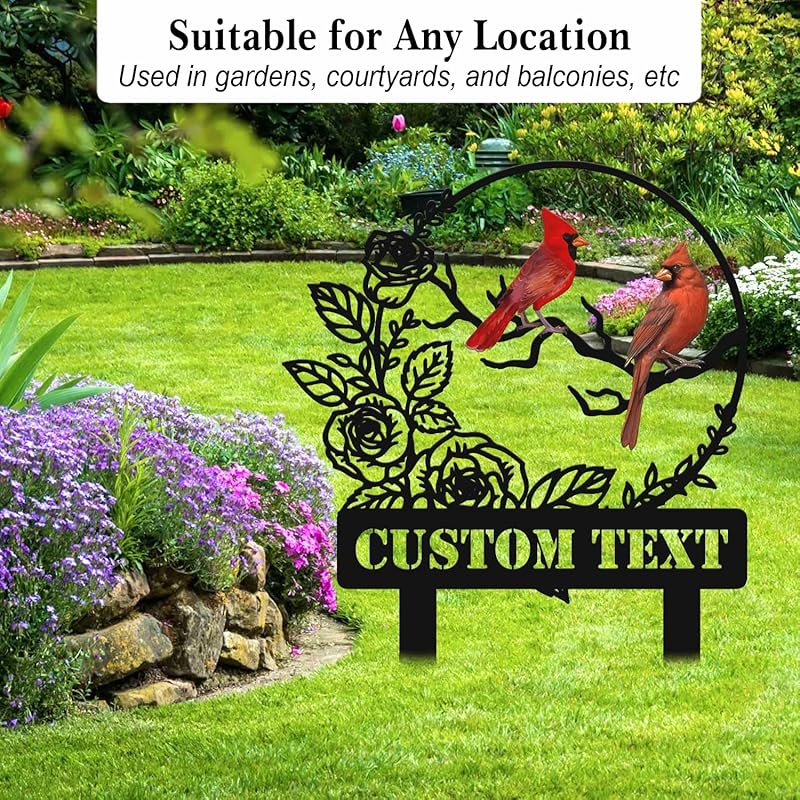 Personalized Garden Name Signs with Stake, Custom Red Bird Metal Decor Decorative Outside, Yard Outdoor Art Gift for Mom Grandmother, Patio House Warming Gifts New Home