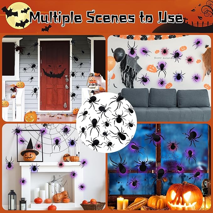 DR.DUDU 36 Pack Halloween Spider Wall Decor, 3D Window Stickers with Multi-Color LEDs, Removable Light up Spiders Wall Decals for Bathroom Home Door Party Indoor & Outdoor Decorations (Assorted Sizes)