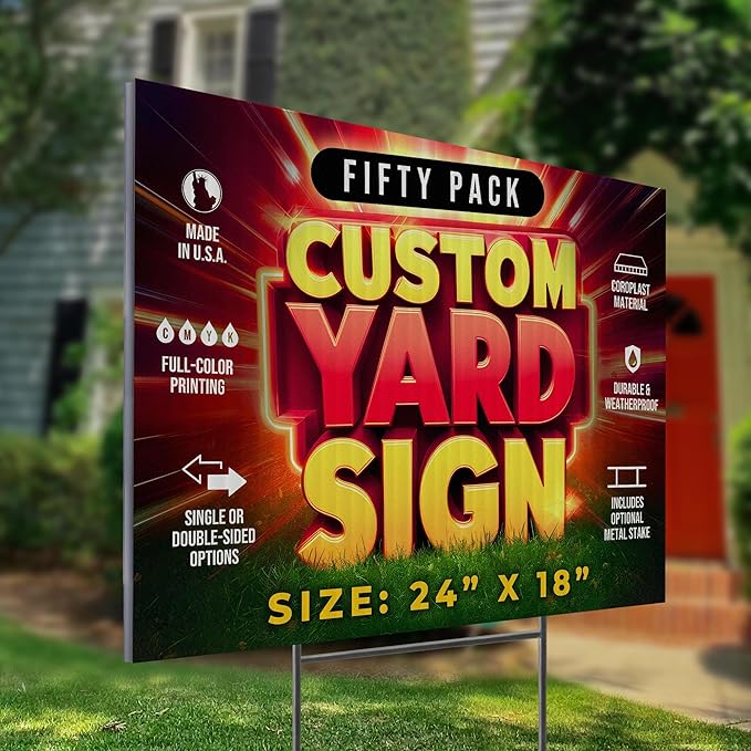 50 Pack 24"x18" Custom Yard Signs with Stakes, Personalized Yard Signs for Outdoors, Customized Full Color Print Corrugated Signs for Business