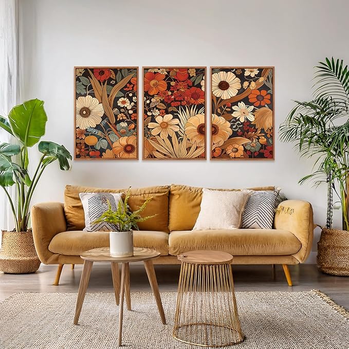 Aurlan Boho Burnt Orange Terracotta Wildflowers Framed Wall Art(24"x36"), 3 PCS Abstract Floral 3D Textured Canvas Artwork, Large Modern Vintage Botanical Nature Art Wall Decor for Home Office Living Room Bedroom