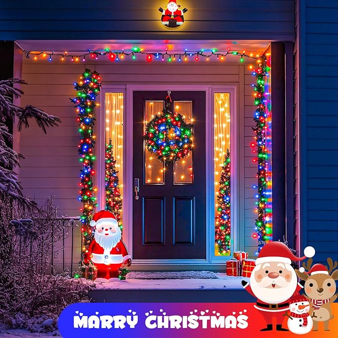 JMEXSUSS 2 Pack White & Multicolor Solar Christmas Lights Outdoor, Each 100 LED 33ft Solar Color Changing Lights Outdoor Waterproof for Christmas Tree Yard Decorations