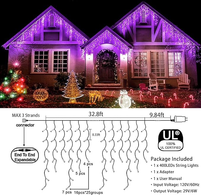 33ft Purple Halloween Lights Outdoor, 400 LED Icicle Lights for Outside Indoor Twinkle Christmas Light with Connectable Clear Wire 8 Modes Timer Waterproof for House Party Tree Holiday Yard Decoration