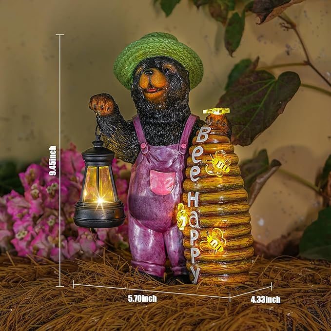 Solar Adorable Bear Garden Statue with Beehive and Lantern - “Bee Happy” Resin Outdoor Decoration for Yard, Patio, or Home Decor