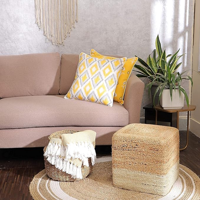 REDEARTH · Cube Pouf Ottoman - Braided Pouffe Accent Sitting Square Footrest for Living Room, Bedroom, Nursery, kidsroom, Patio, Gym; 100% Jute (14.5"x14.5"x16"; Natural Ivory)