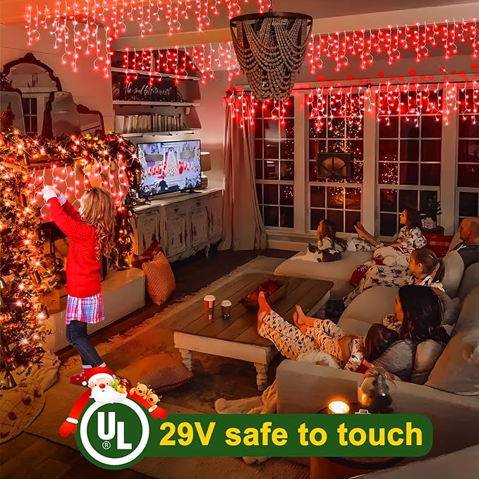 KNONEW Christmas Lights Outdoor Decorations 400 LED 33ft 8 Modes Curtain Fairy String Light with 75 Drops, Clear Wire LED Hanging Light Decor for Wedding Party Holiday Christmas Decorations (Red)