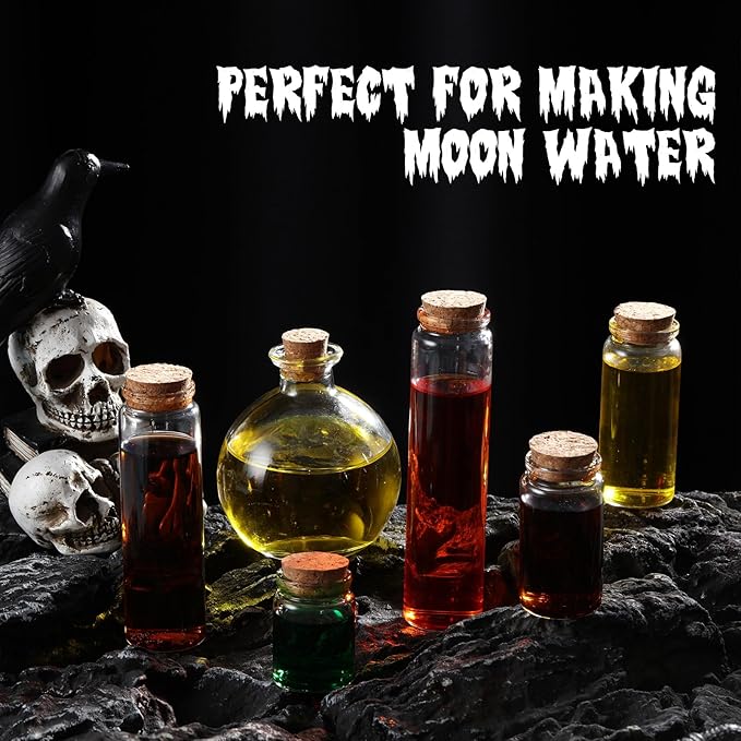 12 Pcs Halloween Glass Potion Bottle with Corks 6 Size Assorted Mini Glass Bottle Clear Message Jars with 2 Funnels for Halloween Decoration Party Favor Costume Prop DIY Crafts Witchcraft Supplies