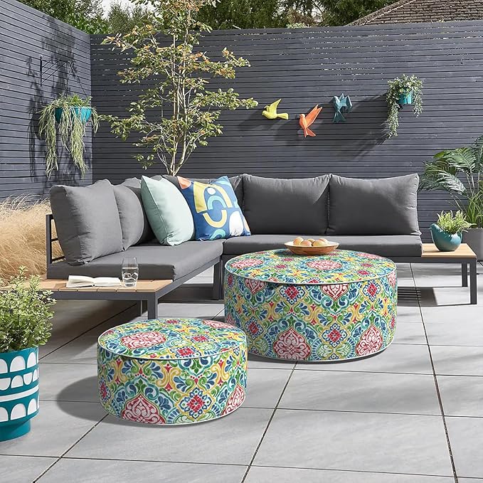 Inflatable Ottoman Stool D31 xH14 for Outdoor/Indoor Use, Water Repellent Patio Foot Rest Stool with Portable Handle,Round Pouf Ottoman Suitable for Garden,Deck and Camping - Damask Red