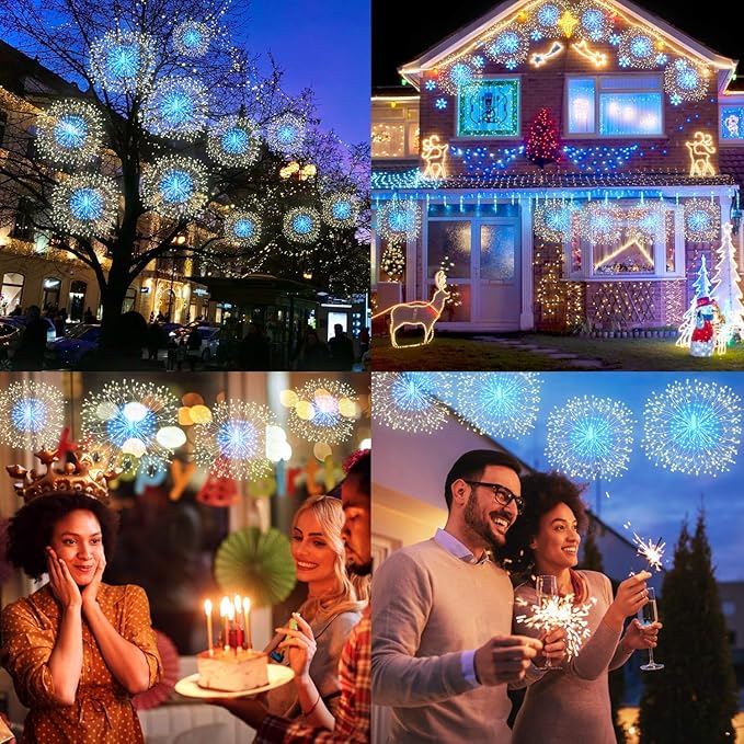 8 Pack Firework Lights 180 Led Copper Wire with 8 Models Power Supply Remote Control Waterproof Outdoor Hanging for Decor Garden Party Christmas