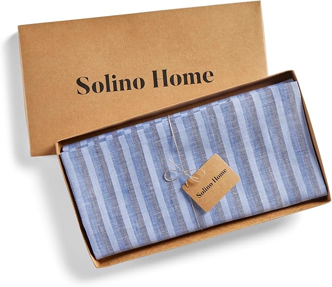 Solino Home Linen Tablecloth 60 x 120 Inch - Amalfi Stripe 100% Pure Linen Bistro Blue Table Cloth for Rectangle Tables - Machine Washable Tablecloth