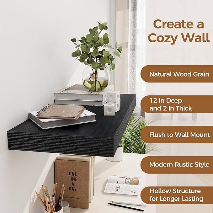 12 Inch Deep Black Floating Shelves, 24 x 12 Floating Shelf for Books, Rustic Wood Deep Wall Shelves for Home Storage & Display, 2" Thicked Shelves for Kitchen, Living Room, Bedroom, 2 Pack