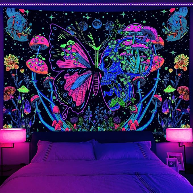 Xiaoput Blacklight Skull Butterfly Tapestry, Trippy UV Reactive Mushroom Wall Hanging Tapestries, Glow in The Dark Hippie Skeleton Aesthetic Moon Tapestry for Living Room Home Dorm Decor 60X40IN
