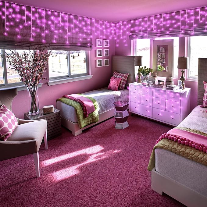 Pink Christmas Lights Outdoor, 33ft 400 LED Icicle Lights for Outside Clear Wire Connectable Twinkle Light with 8 Modes Timer Plug in Waterproof for Window Party Wedding Holiday Patio Tree Decorations