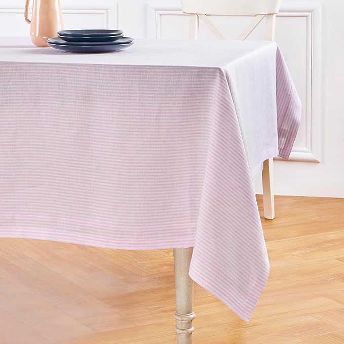 Solino Home Linen Tablecloth 60 x 120 Inch - Narrow Stripe 100% Pure Linen Pink and White Table Cloth for Rectangle Tables - Machine Washable Tablecloth for Halloween