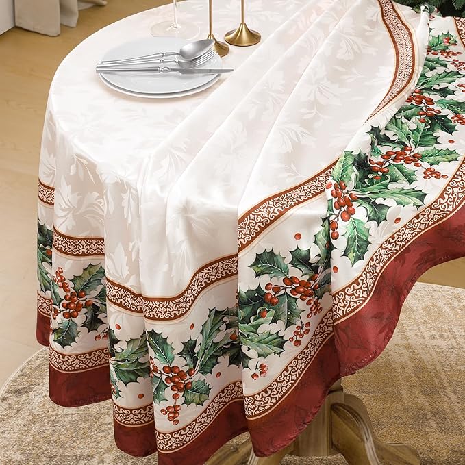 Softalker Christmas Jacquard Round Tablecloth, Winter Vintage Holly Waterproof Table Cloth, Xmas Farmhouse Fabric Table Cover for Holiday, Dining, Party Decor, Holly 70 Inch