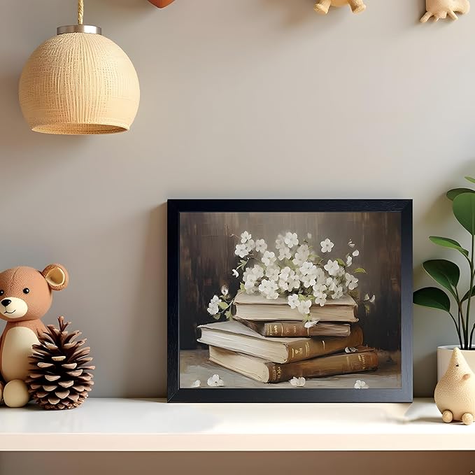 Wood Framed Canvas Poster Print Wall Art, Vintage Floral Book Wall Decor Oil Painting, Dark Academia Room Aesthetics Picture for Bathroom Classroom Dormitory room Decor 8x10 inch