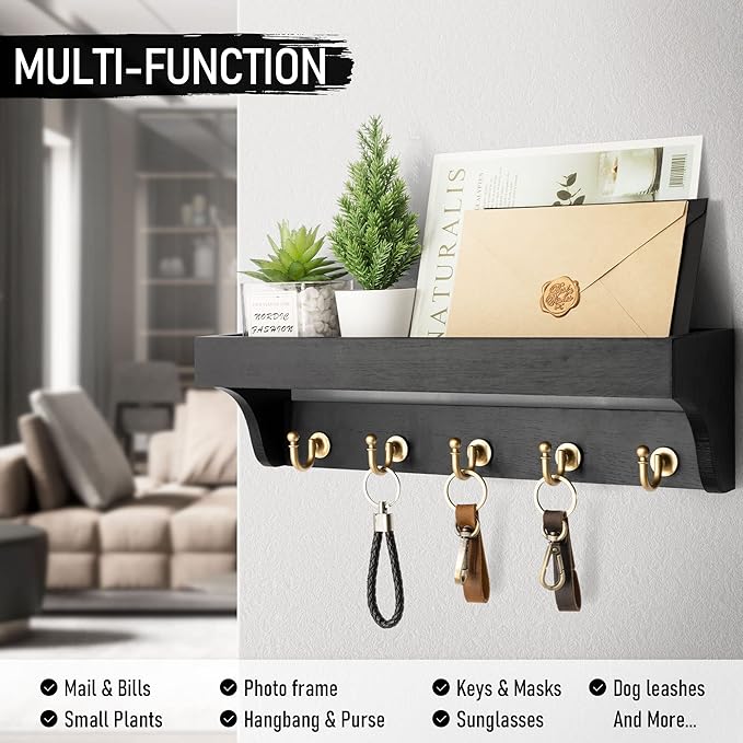 Rebee Vision Key Holder for Wall with Shelf : Decorative Key Organizer with 5 Rustic Keys Hooks and Primitive Wood Mail Organizer Wall Mount - Entryway Décor (Black)