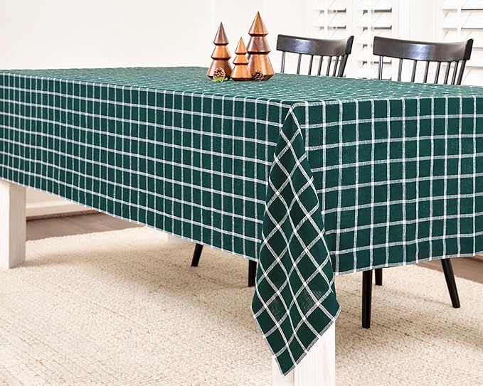Solino Home Linen Tablecloth 60 x 90 Inch - 100% Pure Linen Windowpane Dark Green Table Cloth for Rectangle Tables - Machine Washable Tablecloth