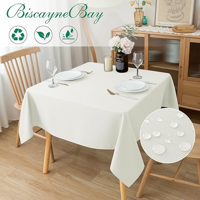 Biscaynebay Textured Fabric Square Tablecloths 70x70 Inches, Ivory Water Resistant Card Table Cloth Folding Table Cover for Dining, Kitchen, Wedding and Parties etc. Machine Washable