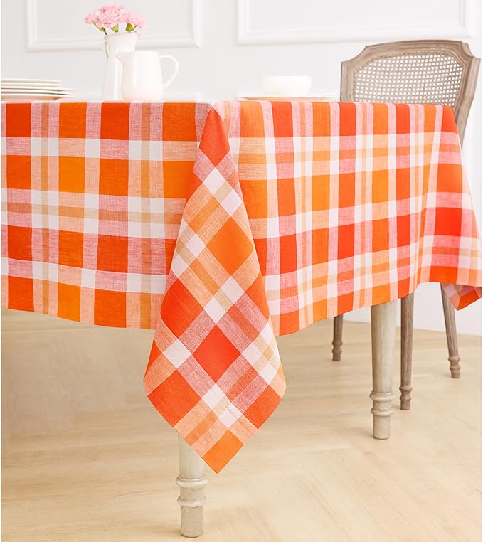 Solino Home Linen Tablecloth 60 x 108 Inch - 100% Pure Linen Plaid Pumpkin Table Cloth for Rectangle Tables - Autumn, Halloween, Thanksgiving, Fall Buffalo Check Machine Washable Tablecloth