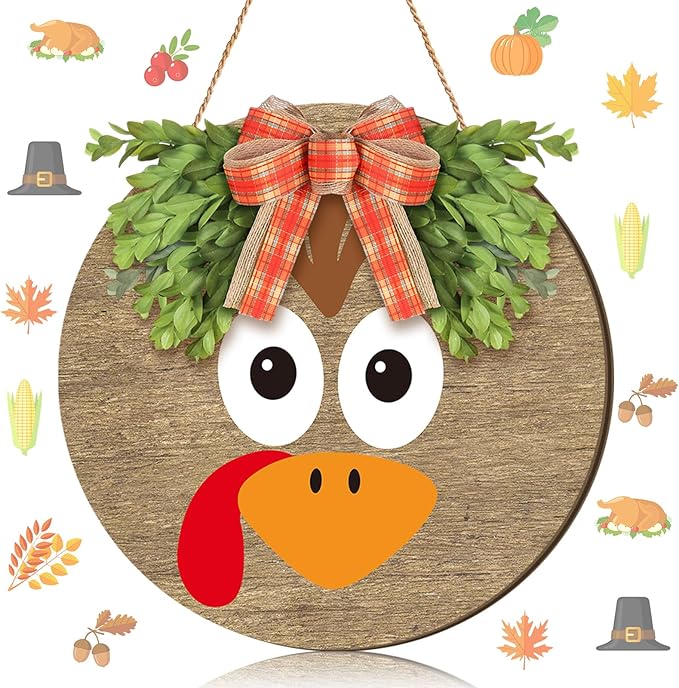 Boao 12 Inch Thanksgiving Door Decoration Turkey Wooden Sign for Front Door Decor Thanksgiving Sign with Bow Wall Art Hanging Wreath Decorations for Harvest Home Outdoor Farmhouse Porch Hanger