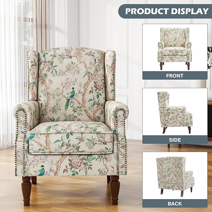 UIXE High Back Floral Accent Chairs Set of 2, Fabric Upholstered Armchair for Living Room, Retro Printed Wingback Arm Chair Rivet Trimed Single Sofa Bedroom Reading Seat - Bird