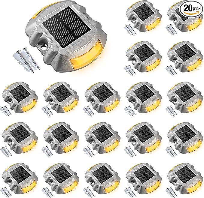 VOLISUN Solar Deck Lights - 20-Pack Led IP67 Waterproof Outdoor Warning Step Lights for Driveway, Sidewalk, Garden Pathway, Yard (Warm White)