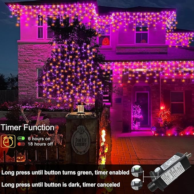 33ft Halloween Lights Outdoor, 400 LED Icicle Lights for Outside, Orange and Purple Twinkle Christmas Light with Connectable Clear Wire 8 Modes Timer Waterproof for House Party Tree Holiday Yard Decor