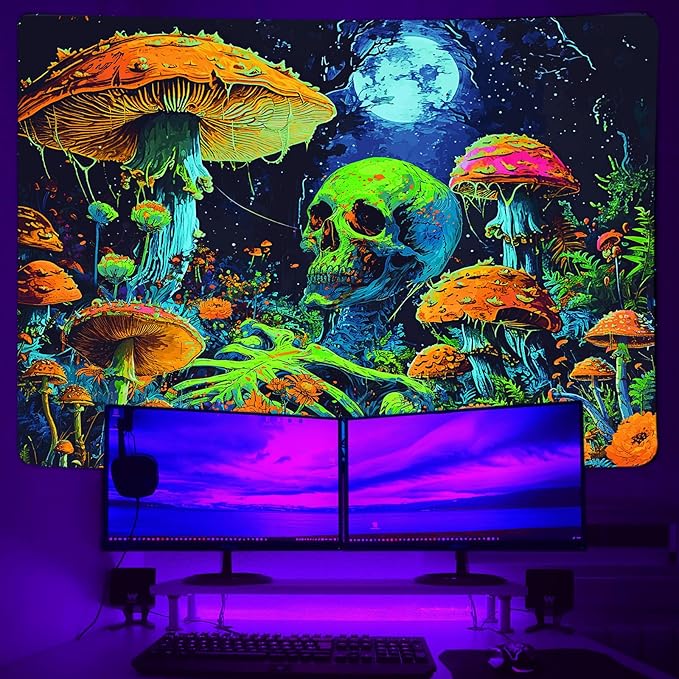 Xiaoput Blacklight Skull Wall Art, UV Reactive Neon Gothic Tapestry for Men, Glow in Dark Trippy Forest Wall Hanging for Home Decor, 90x70IN