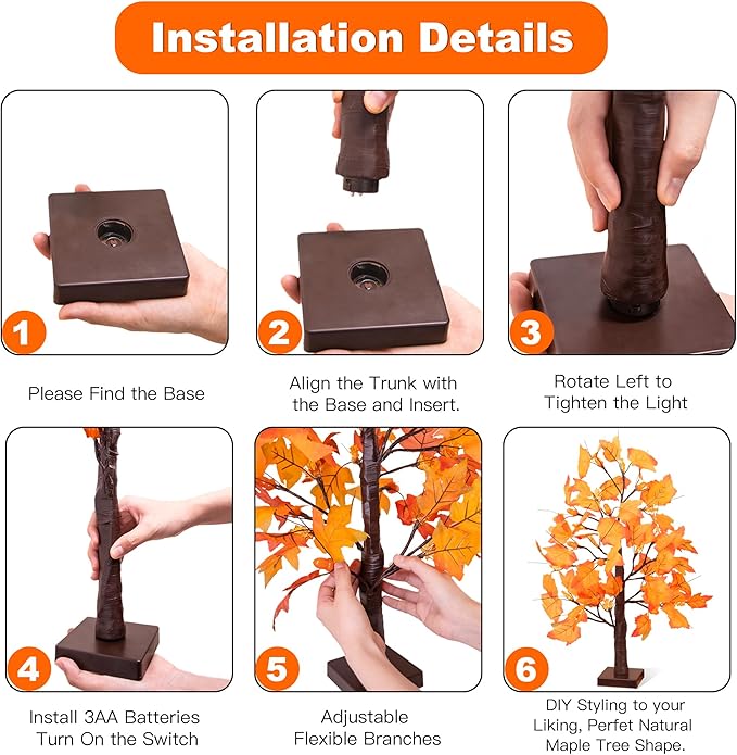 2 Pack 24 Inch Prelit Fall Maple Tree Fall Decorations for Home with 48 LEDs Battery Operated Timer Lighted Acorn Maple Tabletop Light Up Tree for Office Fall Decor Thanksgiving Decorations Indoor