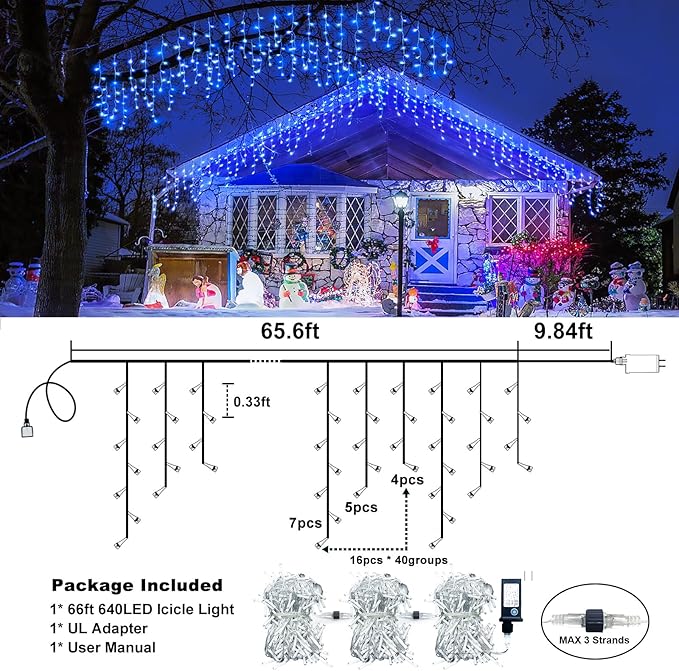 Icicle Lights for Outside, 66FT 640 LED Christmas Icicle Lights Outdoor Indoor with Waterproof 8 Modes, Plug in Curtain String Light for House Patio Roof Garden Party Wedding Decorations, Blue