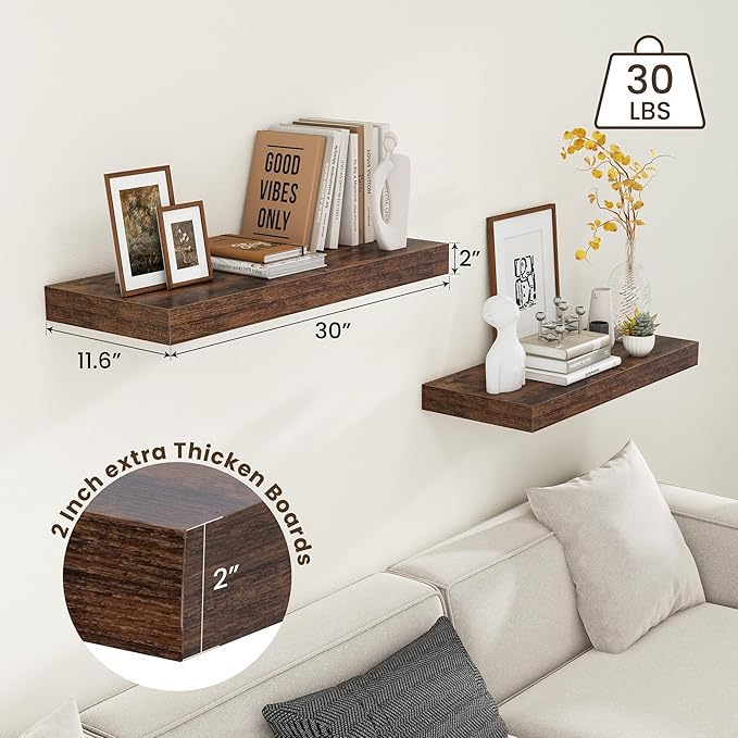 12 Inch Deep Floating Shelves for Wall | 30 Inch Floating Shelves Set of 2 | Rustic Wood Shelves for Living Room Bathroom Laundry Room Bedroom Kitchen Home Office - Rustic Brown
