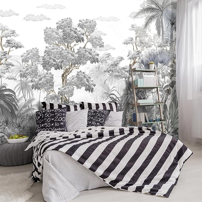 '-Tropical Rainforest Botanical Grey Jungle Forest Fabric Wallpaper Living Room Palm Leaf Plant Bedroom Bathroom Large Wall Mural- 137"x96"( not Peel and Stick)