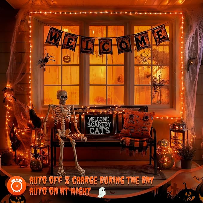 JMEXSUSS 2 Pack Solar Halloween Lights, 33ft 100 LED Orange Halloween Lights Outdoor, Waterproof Solar Fairy String Light for Tree Yard Patio Garden Thanksgiving Decorations