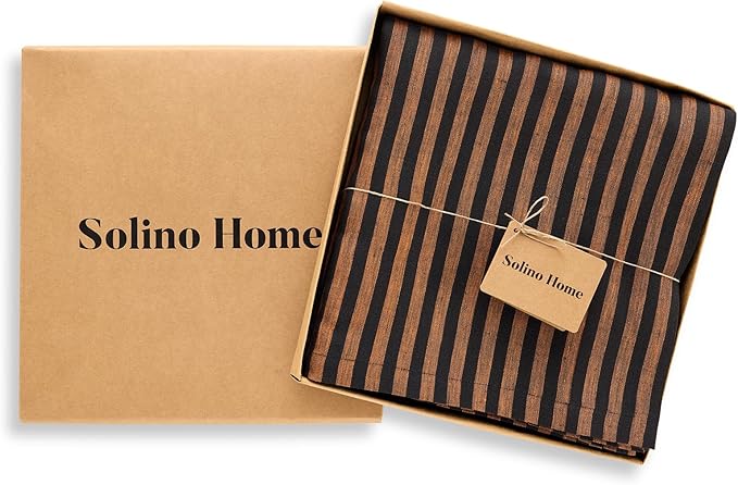 Solino Home Linen Tablecloth 60 x 90 Inch - Amalfi Stripe 100% Pure Linen Pumpkin and Black Table Cloth for Rectangle Tables - Machine Washable Fabric Tablecloth for Fall, Halloween, Thanksgiving