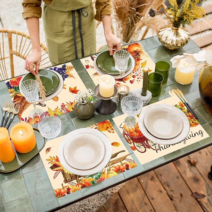 Thanksgiving Placemats Set of 6 Fall Plastic Table Mats Thanksgiving Day Place Mat Autumn Harvest Place Mats Washable Rustic Pumpkins Table Decoration for Indoor Outdoor Party Kitchen Dining