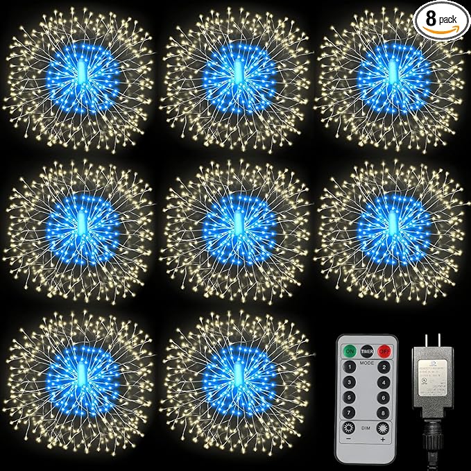 8 Pack Firework Lights 180 Led Copper Wire with 8 Models Power Supply Remote Control Waterproof Outdoor Hanging for Decor Garden Party Christmas