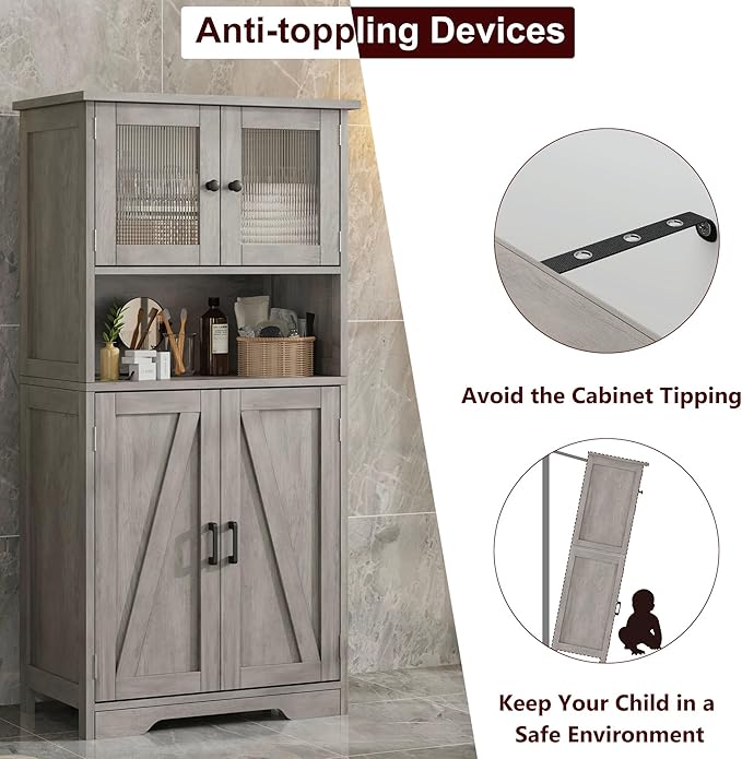 GarveeHome 54in Tall Bathroom Cabinet, Farmhouse Storage Cabinet with Glass Doors and Adjustable Shelves, Freestanding Kitchen Pantry Cabinets, Cupboard for Living Room, Dining Room, Gray