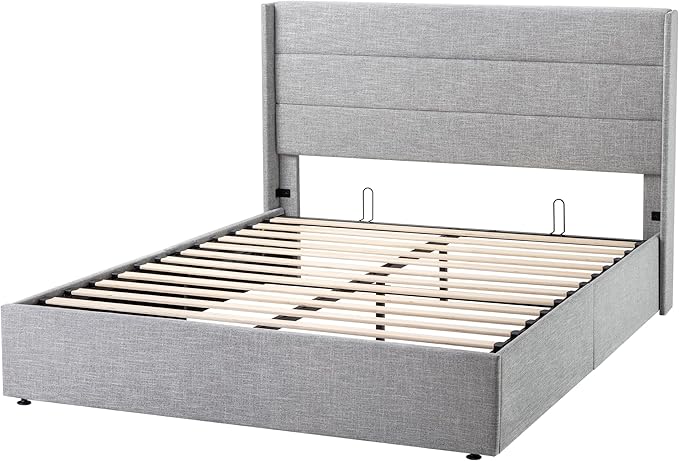 Allewie Full Size Lift Up Storage Bed, Modern Wingback Headboard, Hydraulic Support, No Box Spring Needed, Light Grey